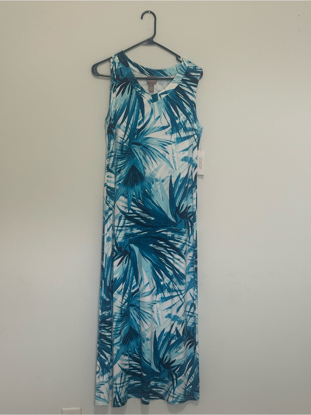 Chico's Teal & White Palm-Print Sleeveless Maxi Dress